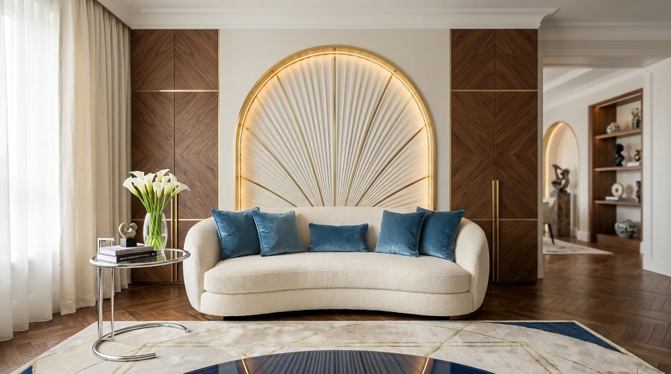 Close-up details – labeled Neo Deco elements: fan arch wall art, chevron pattern, Cool Blue gradient, chrome frame, velvet texture