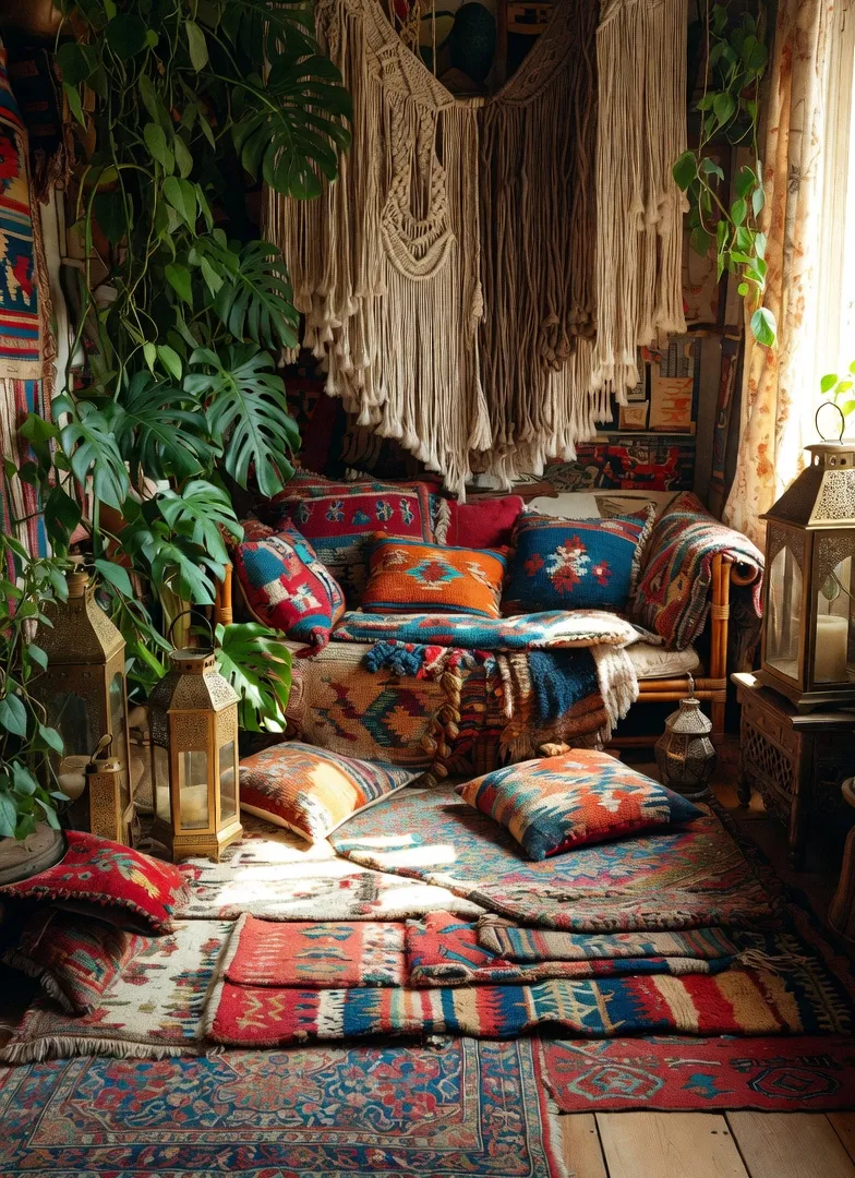 Bohemian decor concept – vibrant layered living room with kilim rugs, macrame, rattan sofa and plants, Pinterest-worthy boho style 2026
