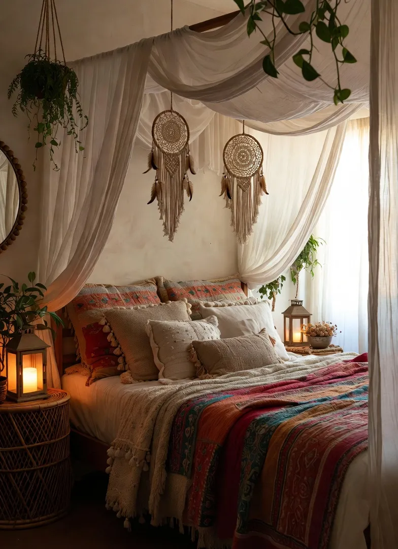 Bohemian decor concept – dreamy canopy bed bedroom with vintage quilts, macrame and hanging plants, Pinterest boho bedroom 2026