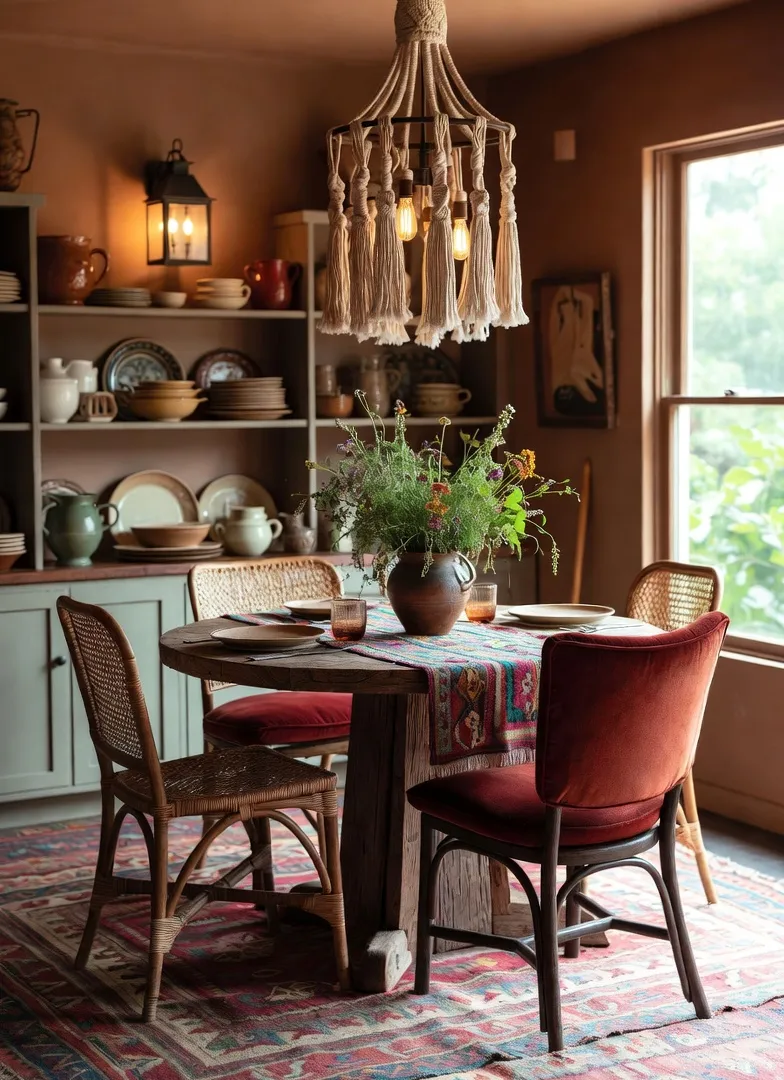 Bohemian decor concept – eclectic boho dining room with mismatched rattan chairs, macrame chandelier and colorful table setting, Pinterest 2026