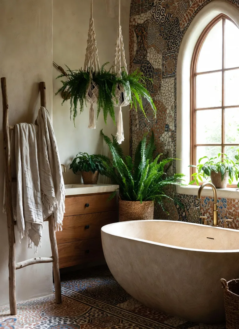 Bohemian decor concept – serene boho bathroom with Moroccan mosaic tiles, stone tub and ferns, Pinterest-worthy 2026