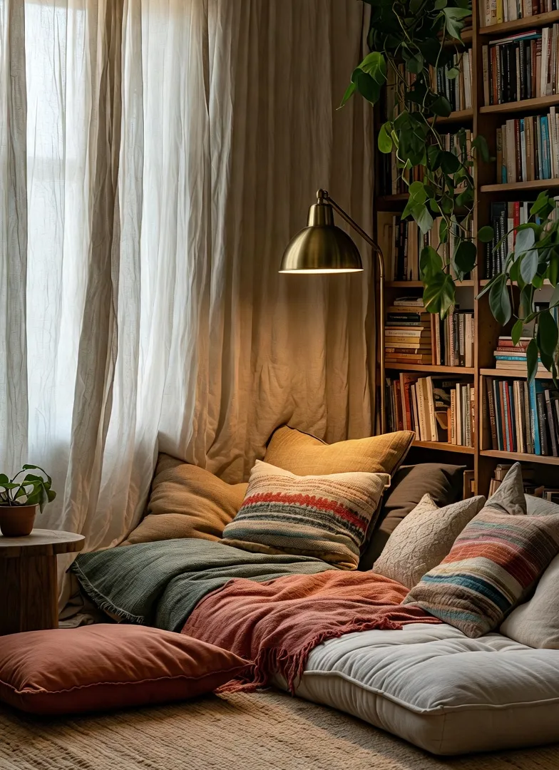 Bohemian decor concept – cozy boho reading nook with daybed, floor cushions and plants, Pinterest 2026
