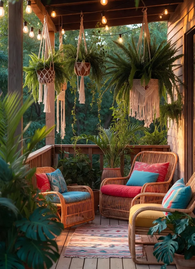 Bohemian decor concept – jungle boho balcony with rattan furniture, macrame planters and string lights, Pinterest outdoor 2026