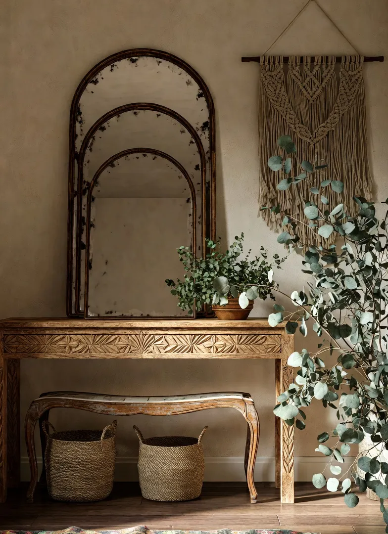 Bohemian decor concept – vintage boho entryway with carved console, macrame and kilim runner, Pinterest 2026
