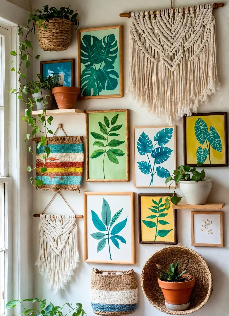 Bohemian decor concept – colorful boho gallery wall with macrame, art and plants, Pinterest 2026