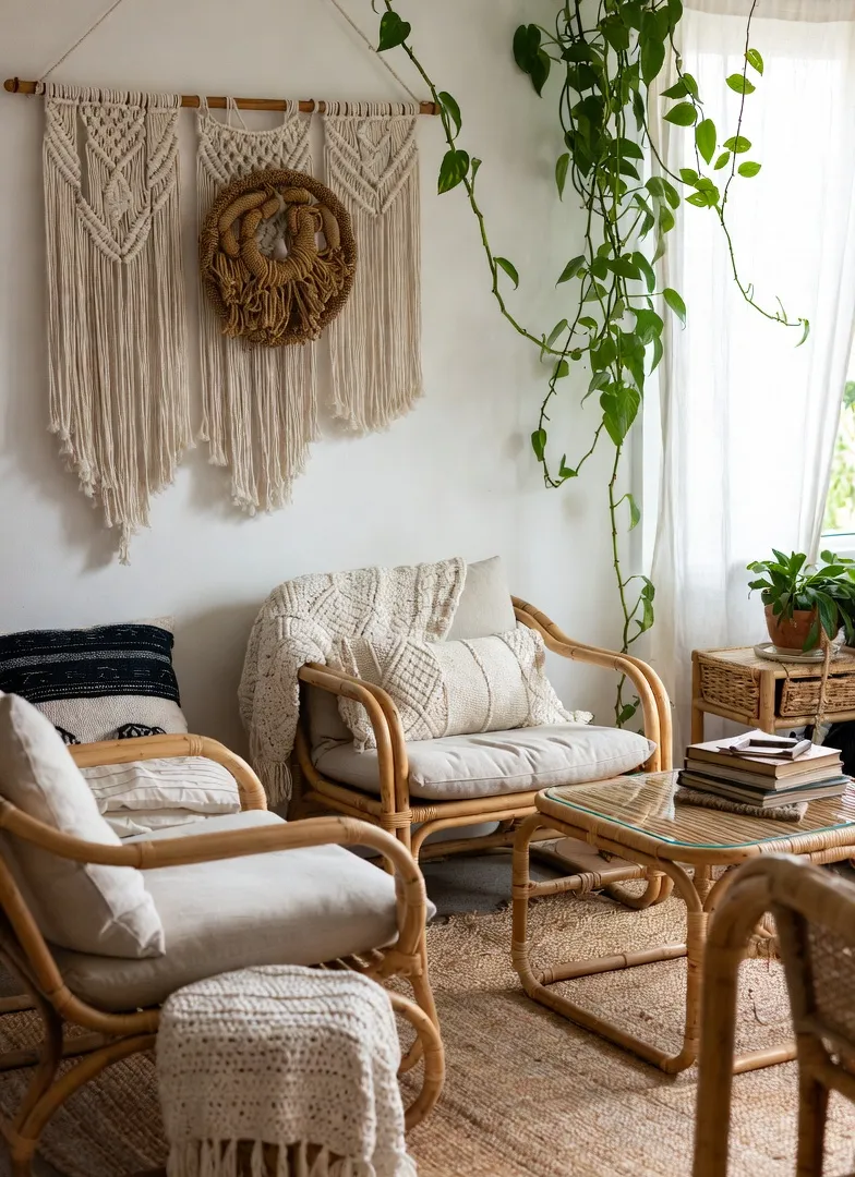 Bohemian decor concept – rattan and wicker boho furniture haven with linen and plants, Pinterest 2026