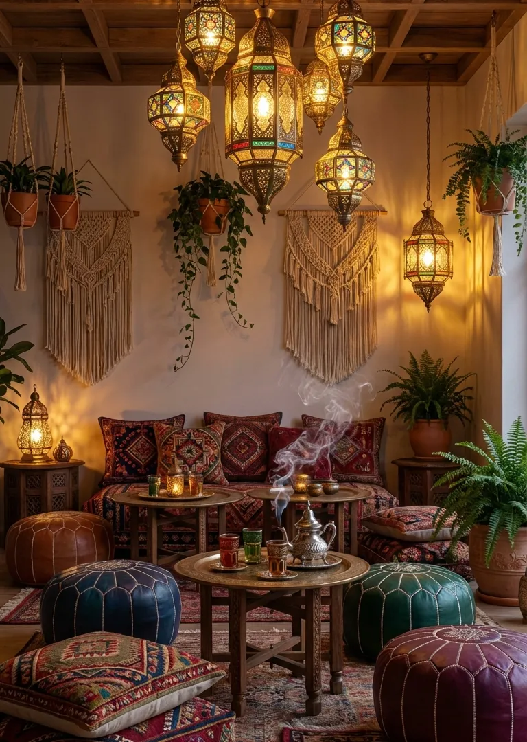 Bohemian decor concept – Moroccan lantern boho lounge with poufs, brass lanterns and rich textiles, Pinterest 2026
