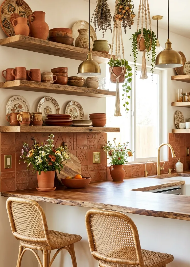 Bohemian decor concept – earthy terracotta boho kitchen with handmade ceramics and herbs, Pinterest 2026