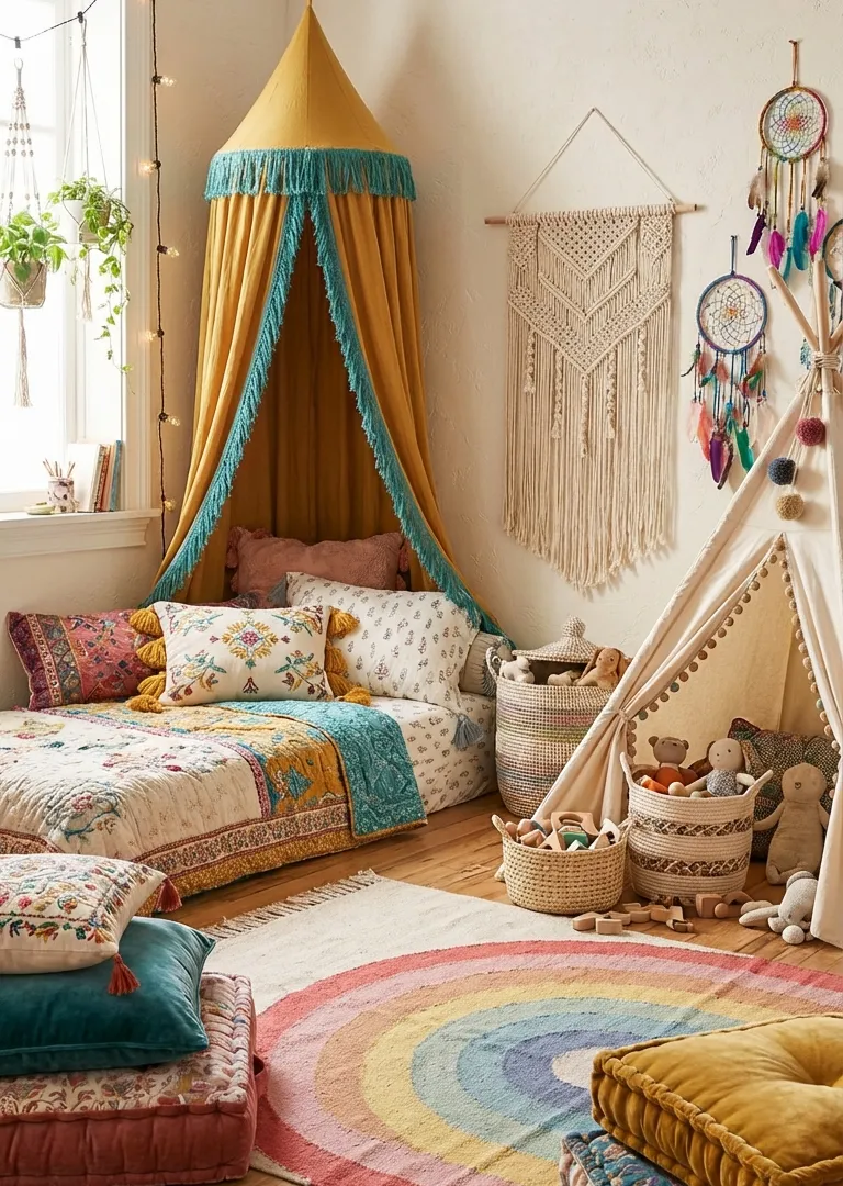Bohemian decor concept – playful boho kids room with teepee and canopy bed, Pinterest 2026