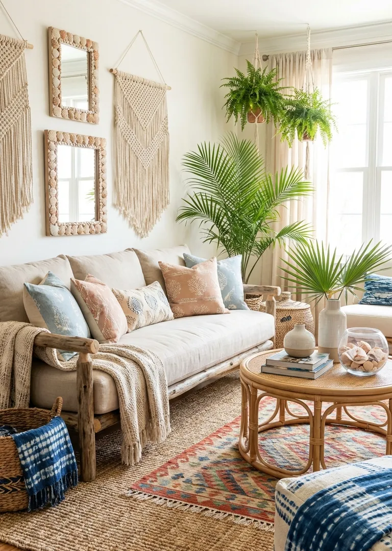 Bohemian decor concept – coastal boho living space with linen, driftwood and rattan, Pinterest 2026
