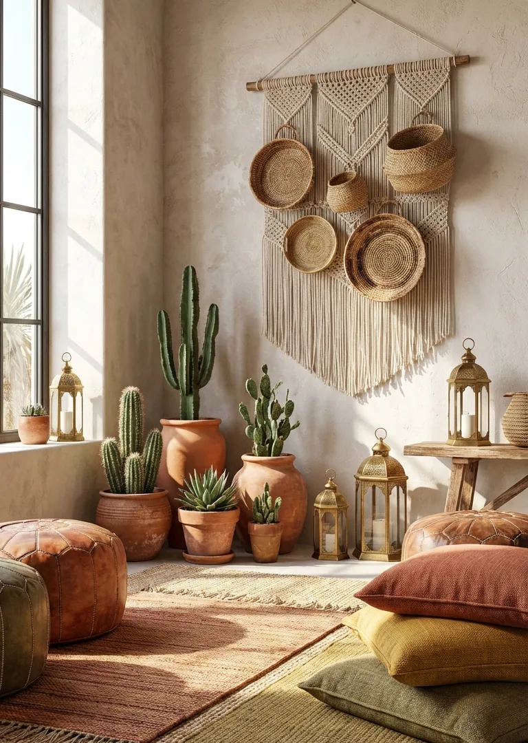 Bohemian decor concept – desert boho leather and weave corner with terracotta and cacti, Pinterest 2026