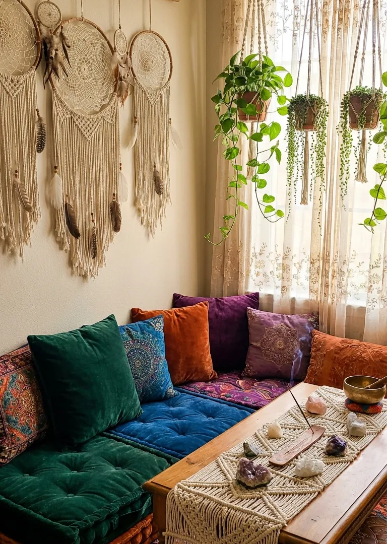 Bohemian decor concept – boho meditation cushion corner with crystals and macrame, Pinterest 2026