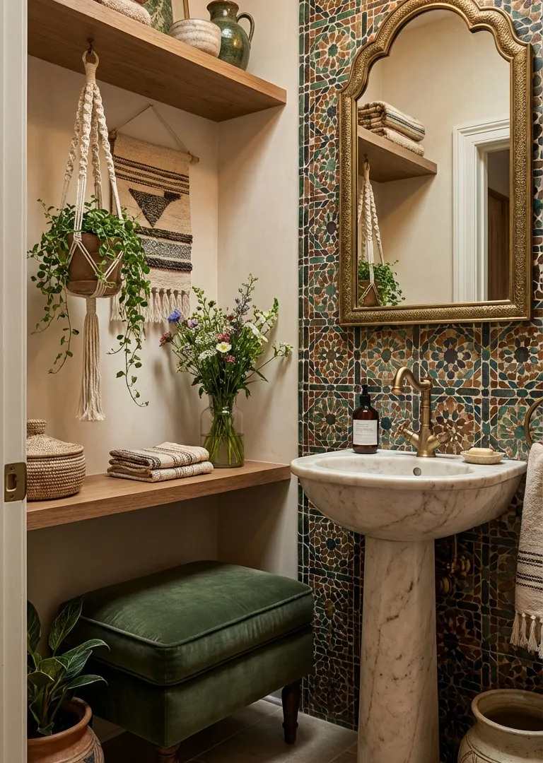 Bohemian decor concept – luxe boho powder room with marble vanity and brass details, Pinterest 2026