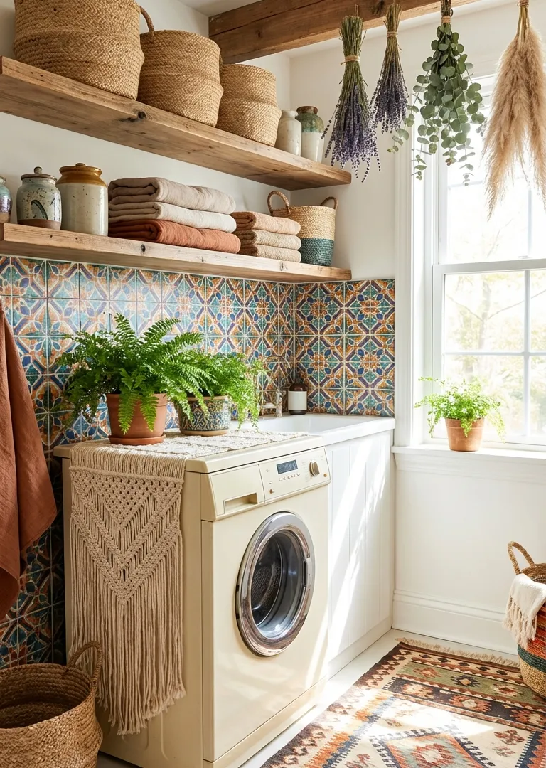 Bohemian decor concept – patterned boho laundry nook with colorful tiles and baskets, Pinterest 2026