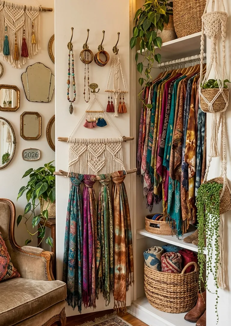 Bohemian decor concept – bohemian scarf and jewelry display closet with macrame boards, Pinterest 2026