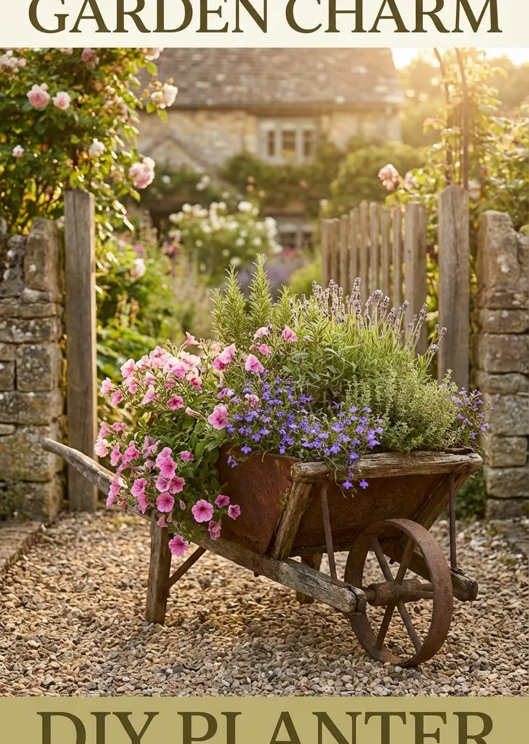 Vintage wheelbarrow planter overflowing with colorful flowers in rustic garden decor