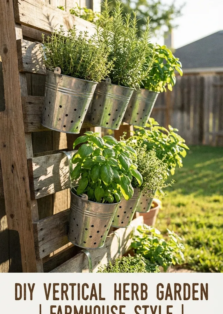 Galvanized bucket vertical herb wall in rustic garden decor