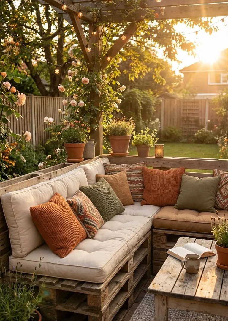 Cozy reclaimed wood pallet seating nook in rustic garden
