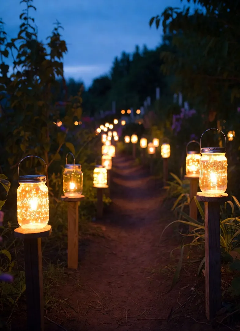 Mason jar solar lantern pathway in rustic garden decor
