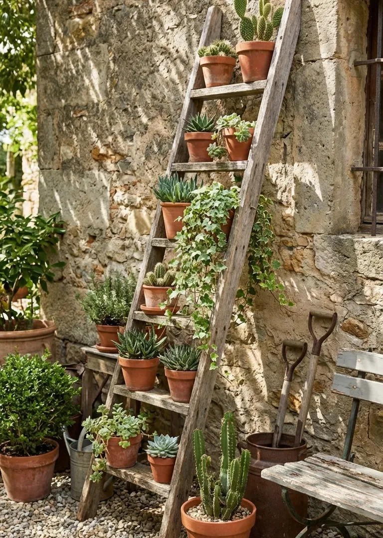 Old wooden ladder plant display in rustic garden decor