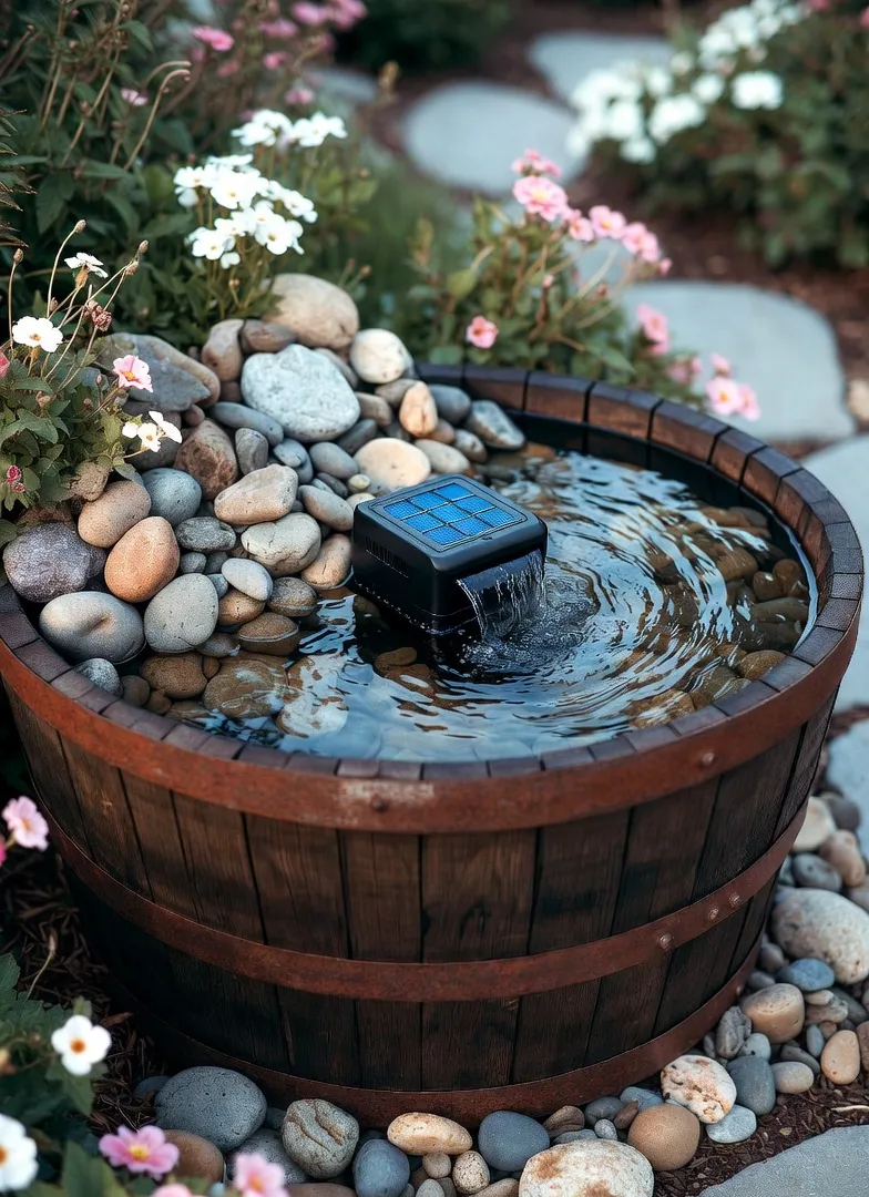 Wine barrel bubbling fountain in rustic garden decor
