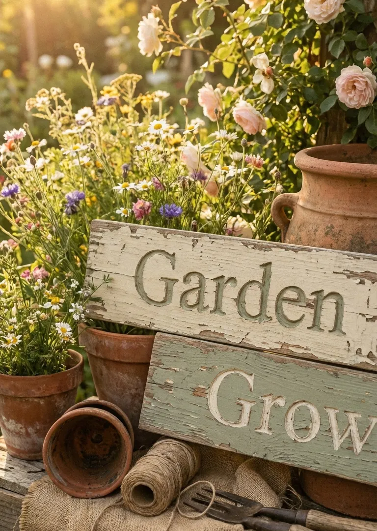 Hand-painted wooden garden signs in rustic decor