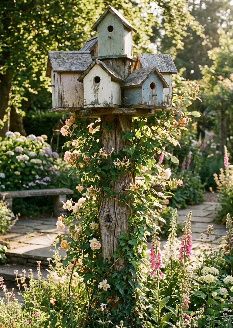Vintage birdhouse village in rustic garden decor