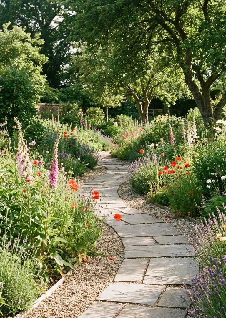 Flagstone and gravel winding pathway in rustic garden