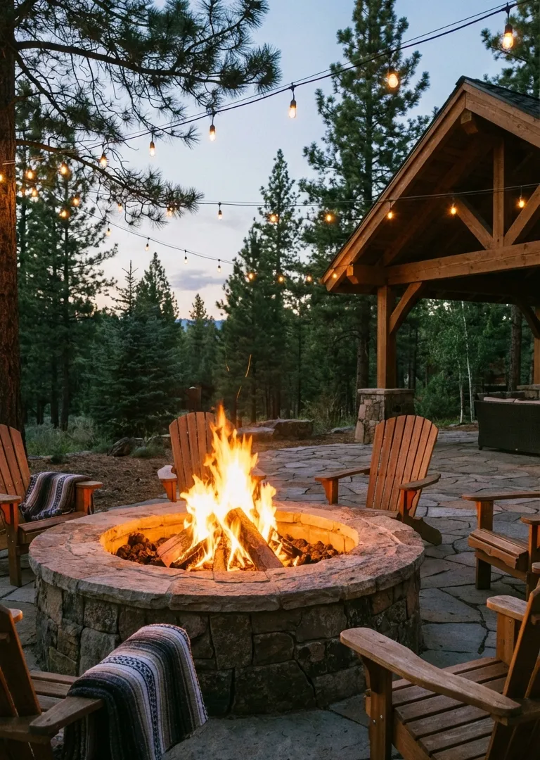 Rustic fire pit lounge area in garden decor
