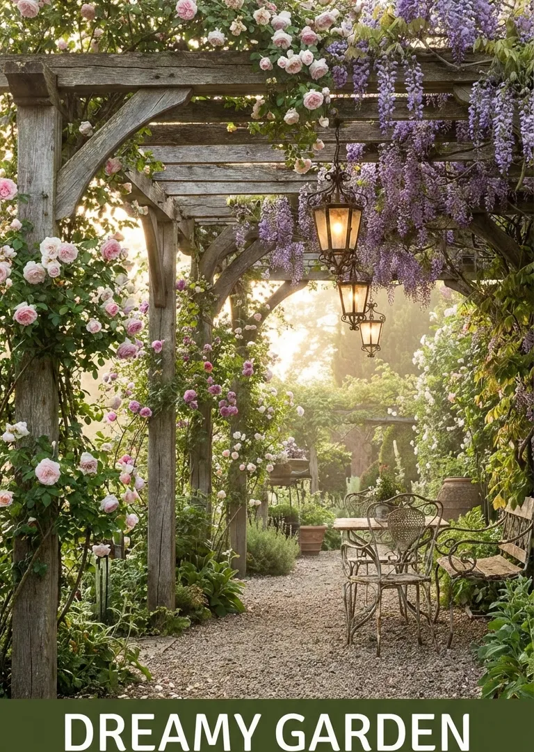 Wooden pergola with climbing vines in rustic garden