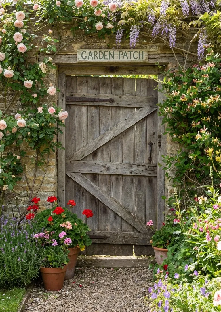 Salvaged barn door garden gate in rustic decor
