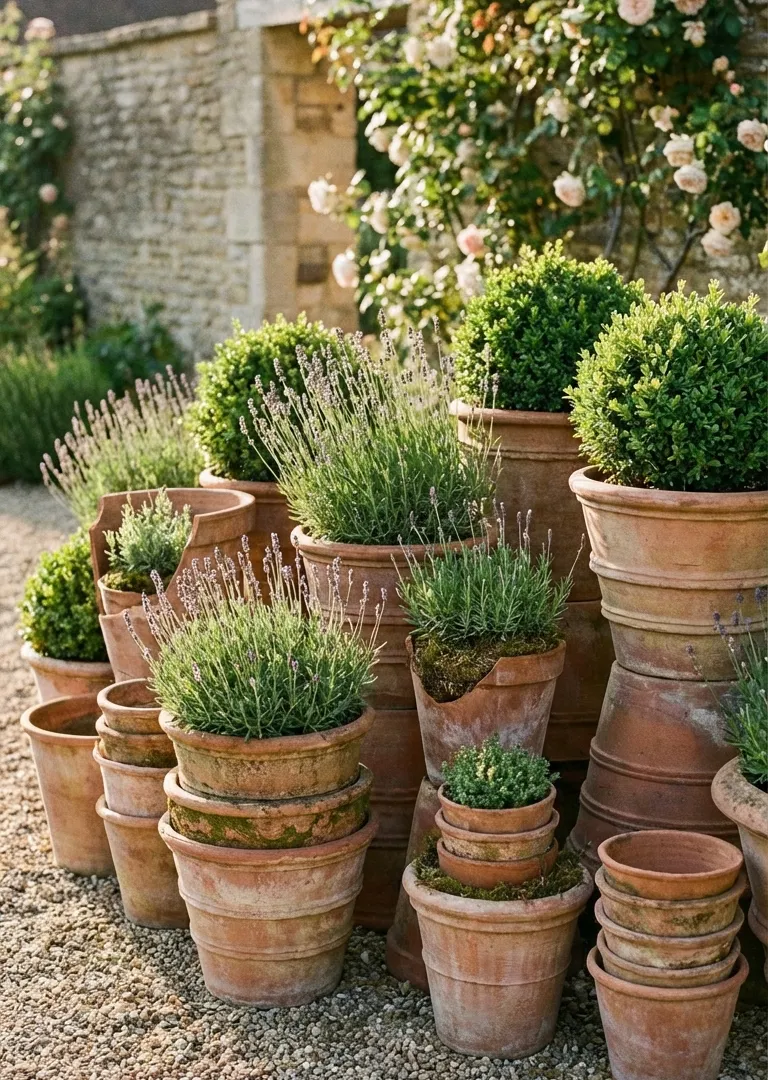 Layered terracotta pot collection in rustic garden