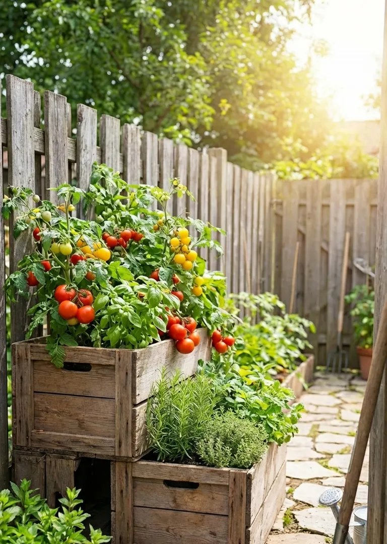 Wooden crate raised vegetable beds in rustic garden