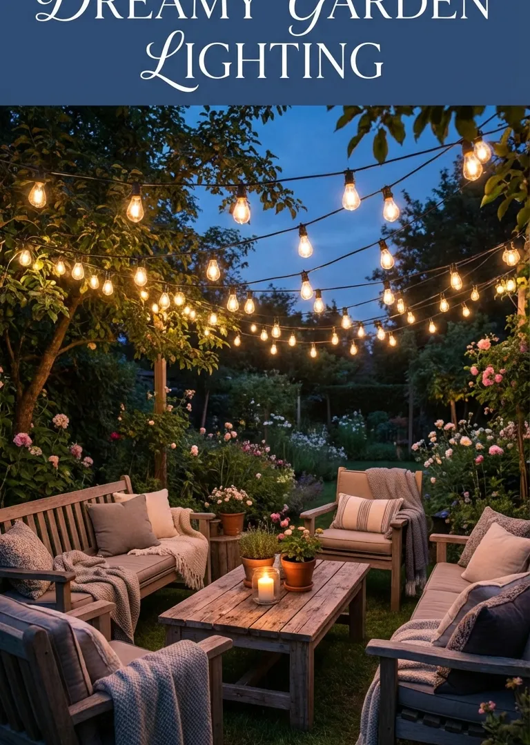 Edison bulb string light canopy in rustic garden