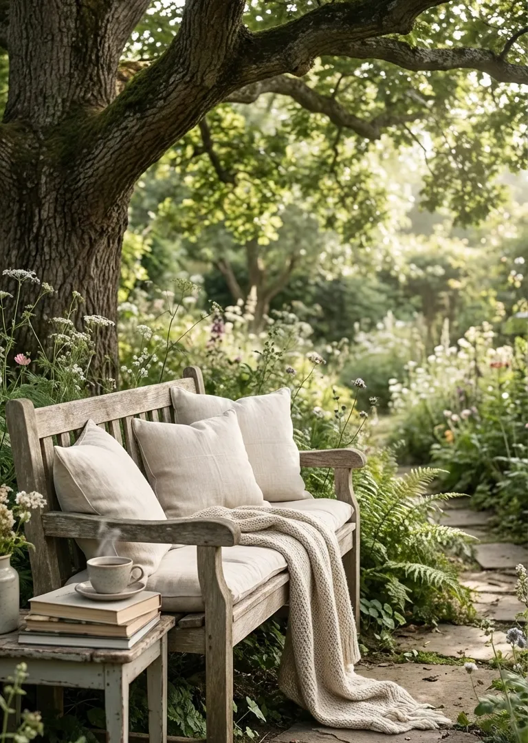 Weathered bench under tree in rustic garden decor