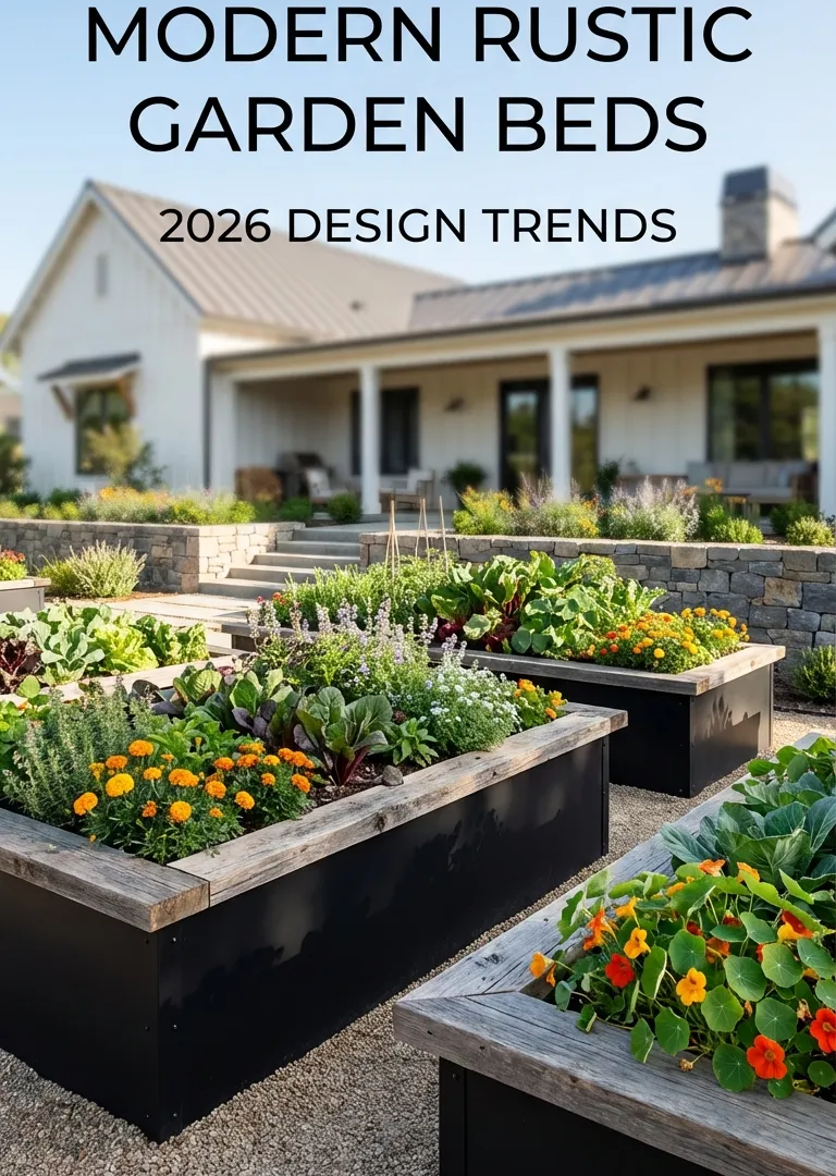 Modern rustic black metal raised beds in garden