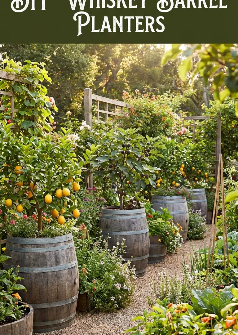 Whiskey barrel mini orchard in rustic garden decor