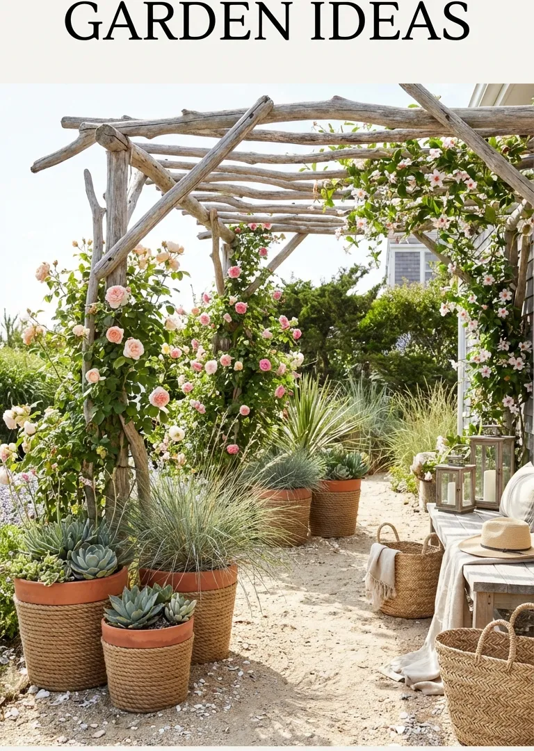 Coastal rustic driftwood accents in garden decor