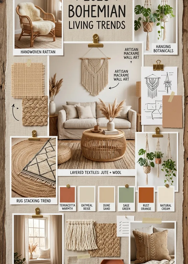 Moodboard of 2026 bohemian living room trends