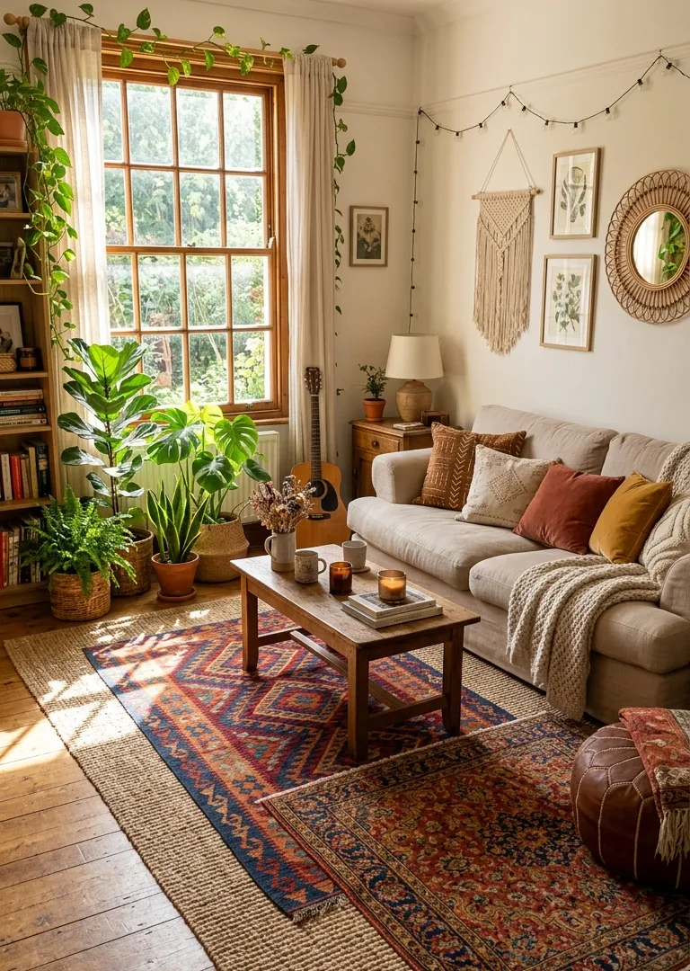 Bohemian living room decor with layered jute and kilim rugs for instant warmth and texture,