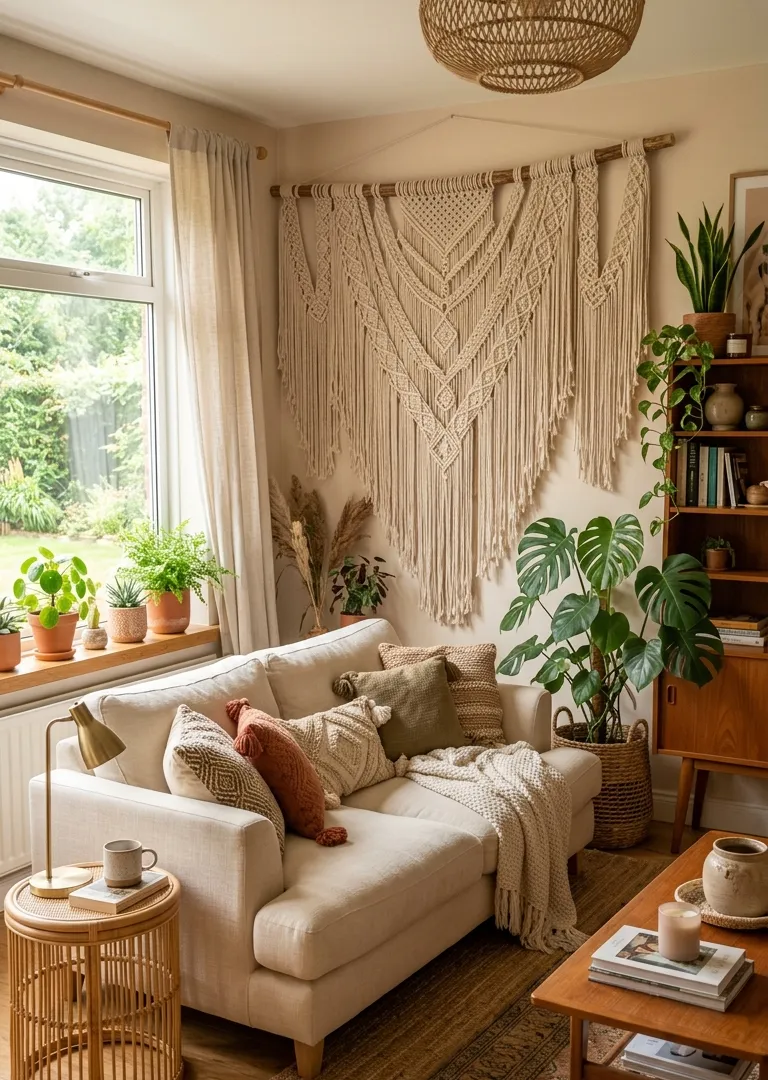 Statement macrame wall hanging in bohemian living room decor, natural cotton texture, boho
