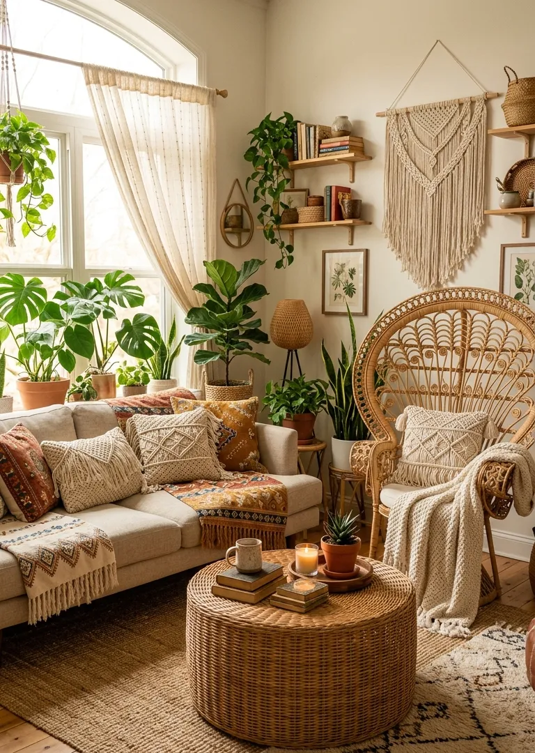 Rattan and wicker furniture in cozy bohemian living room decor, organic texture and boho style