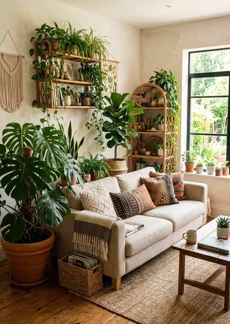 Lush indoor plants in bohemian living room decor, green jungle vibe and boho living room ideas 2026