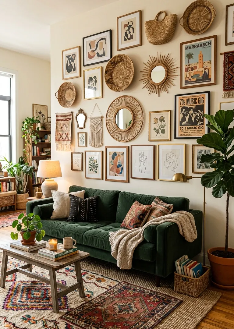 Eclectic gallery wall in bohemian living room decor, mixed art and textures, boho style 2026