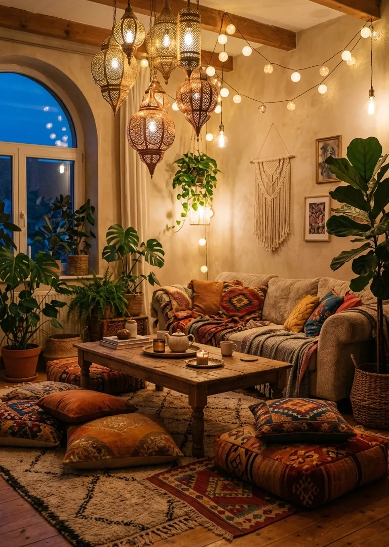 Boho lighting with Moroccan lanterns in bohemian living room decor, cozy warm glow 2026