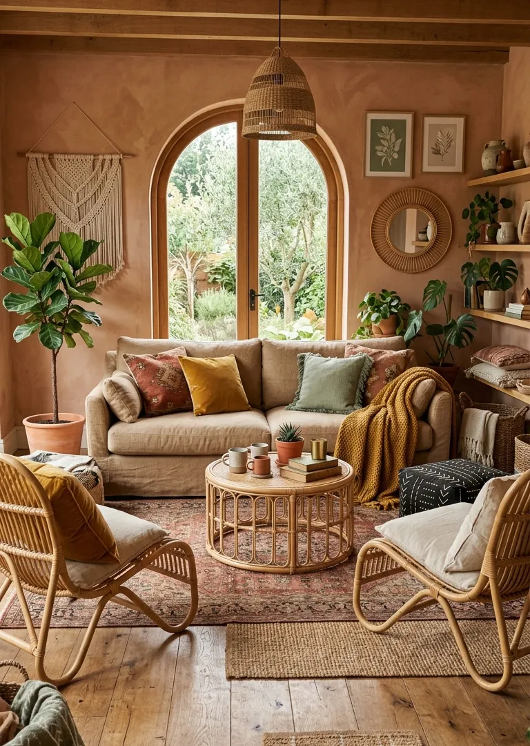 Earthy color palette in bohemian living room decor with terracotta and sage tones, boho 2026