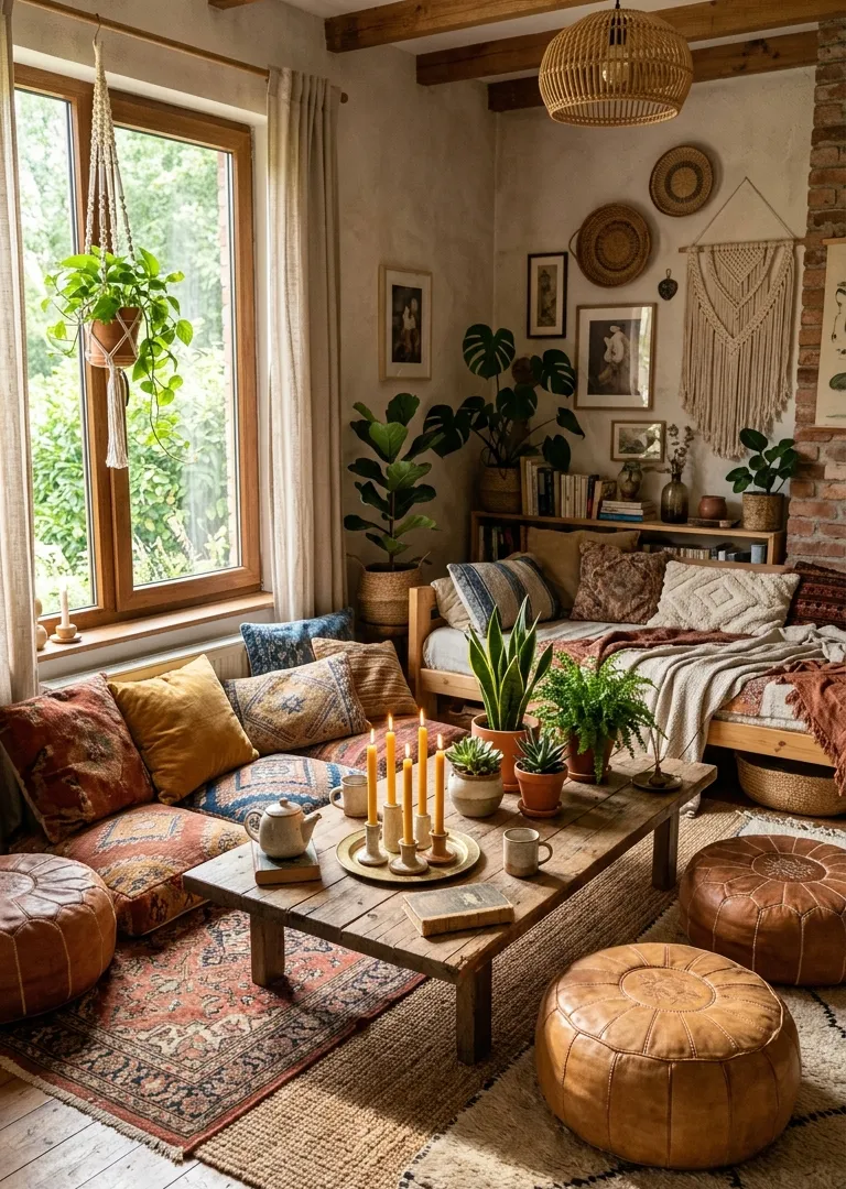 Floor cushions and poufs in relaxed bohemian living room decor, boho seating ideas 2026
