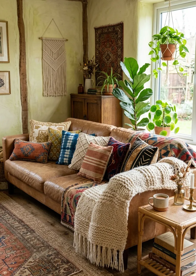 Vintage throw pillows and blankets on bohemian living room sofa, layered texture decor 2026