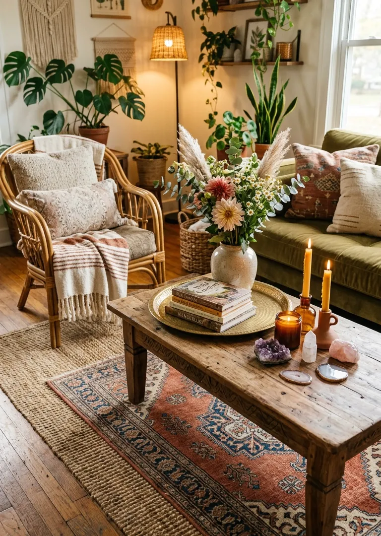 Styled coffee table in bohemian living room decor with candles and books, boho 2026