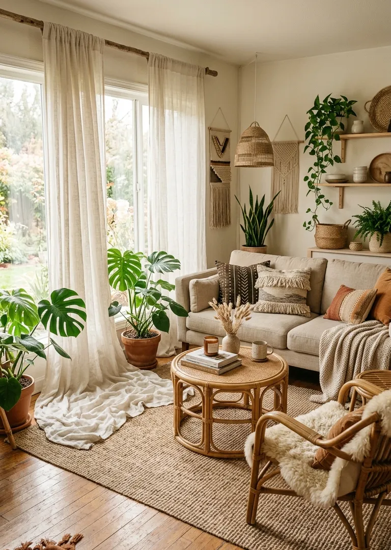 Sheer boho curtains in bohemian living room decor, soft natural light and airy feel 2026